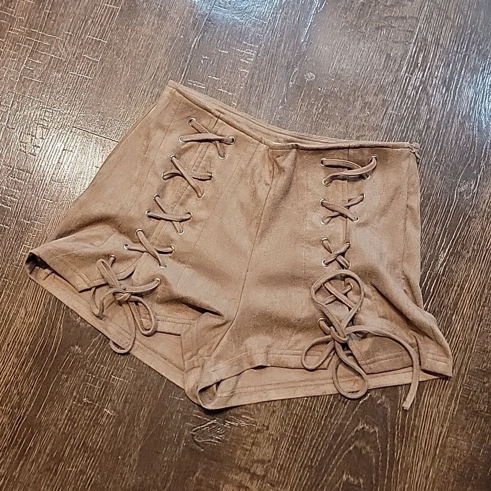Luxxel Mocha Suede Lace-up Shorts - Picture 8 of 16